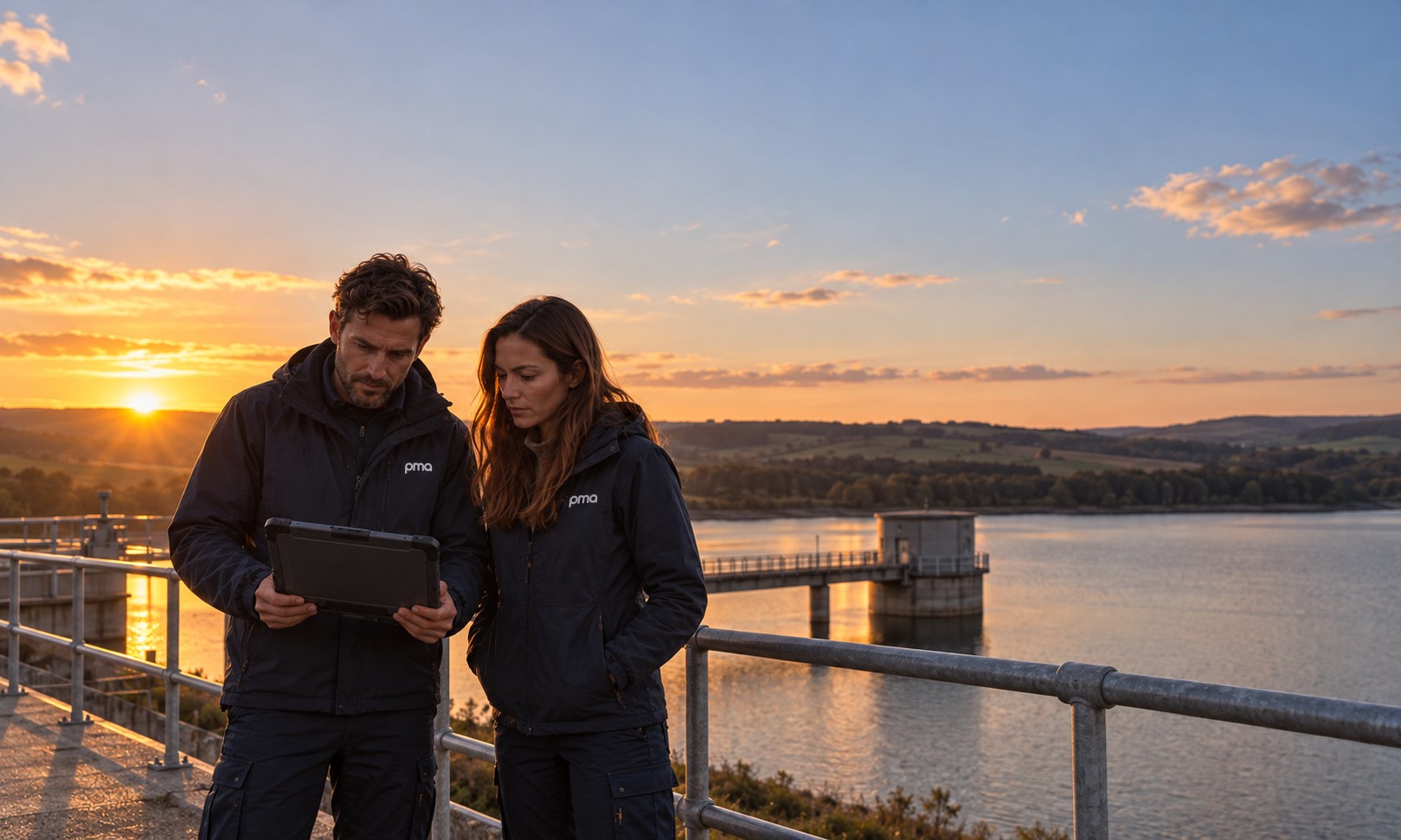 PMA engineers reviewing a tablet beside a reservoir
